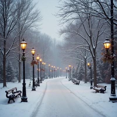 Winter park path with glowing lamps