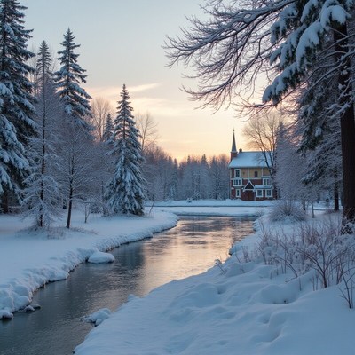 Snowy river with cozy cabin