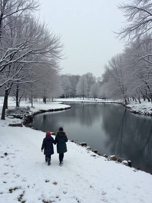 Winter walk by the snowy lake