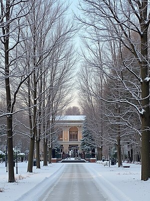 Snowy pathway leads to elegant building