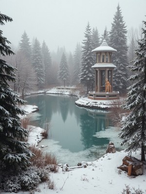 Snowy landscape with gazebo by lake