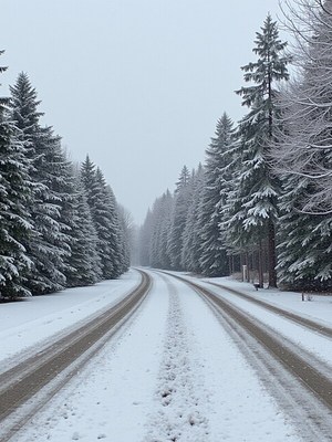 Snowy road through pine trees