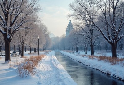 Winter scene in a snowy park