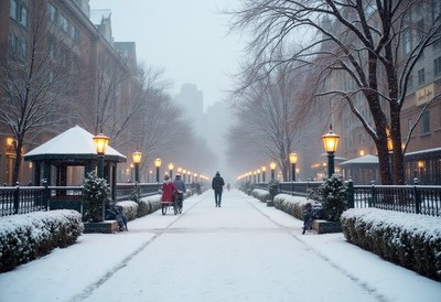Snowy walkway in city park
