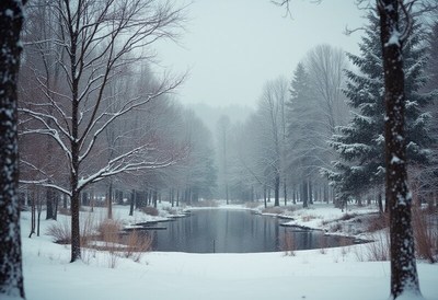 Snowy winter landscape at a quiet pond