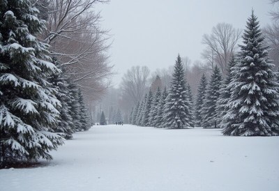 Winter snow-covered pathway in forest