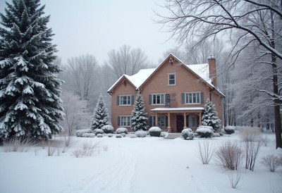 Winter scene with brick house in snow