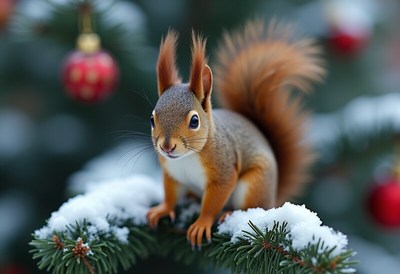 Squirrel on snowy pine branch
