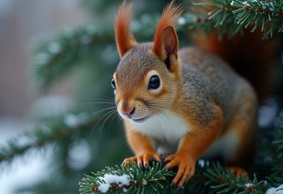 Squirrel on snowy branch