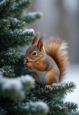 Squirrel eating on snowy tree