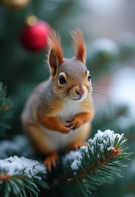 Squirrel on snow-dusted tree branch