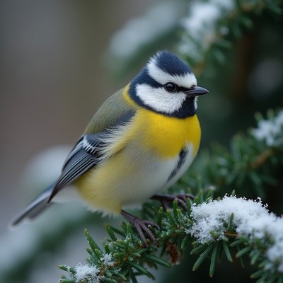Blue tit perched on snowy branch