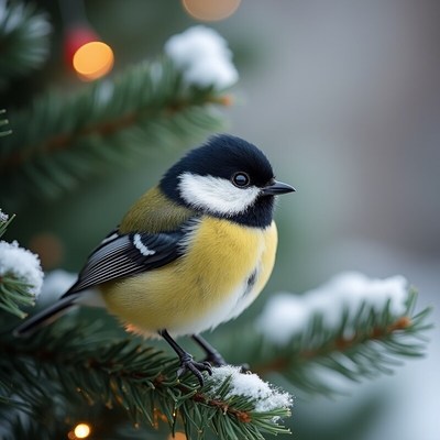 Colorful bird on snowy branch