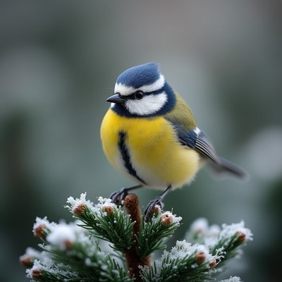 Blue tit perched on snowy branch