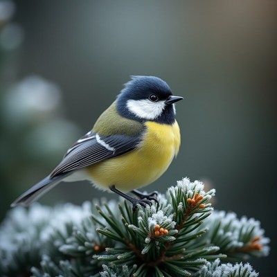 Colorful bird on snowy branch