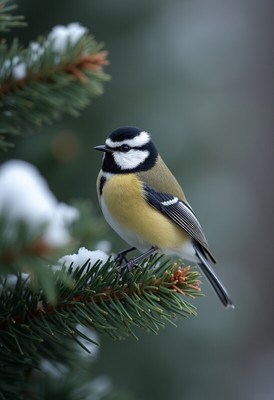 Bird perched on snowy branch