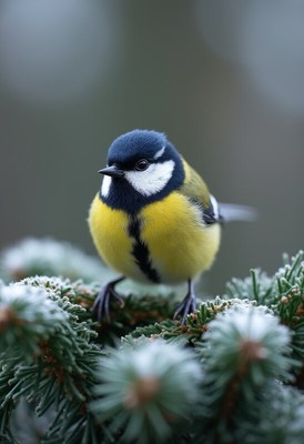 Blue tit perched on snowy branch