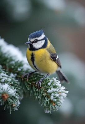 Blue tit perched on snowy branch
