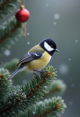 Bird perched on snowy pine