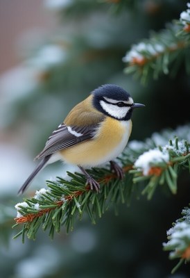 Bird resting on snowy branch