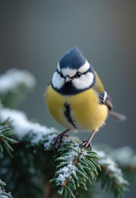 Blue tit perched on snowy branch