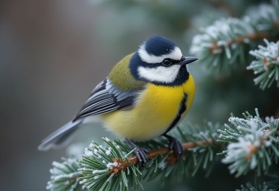 Bright blue and yellow winter bird on pine