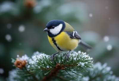 Bird perched on snowy branch