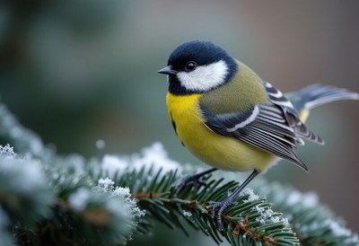 Colorful bird perched on pine branch