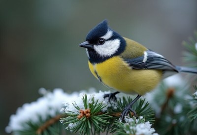 Colorful bird perched on snowy branch