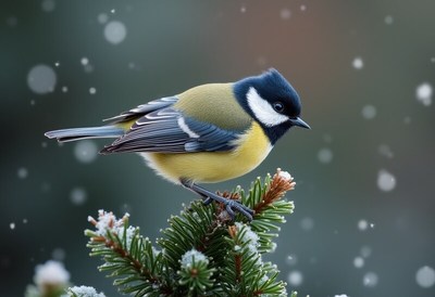 Bird perched on snowy branch
