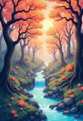 Colorful autumn forest with waterfall