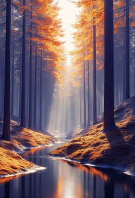 Autumn sunlight in tranquil forest