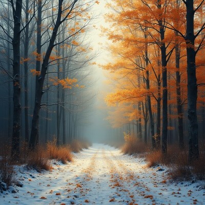 Autumn pathway in a foggy forest