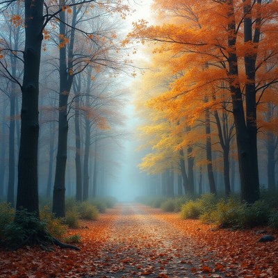 Misty autumn forest pathway leading to tranquility