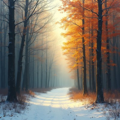 Autumn fog in a forest path