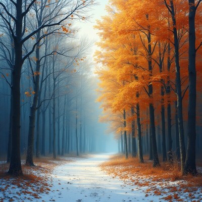 Autumn pathway through misty forest