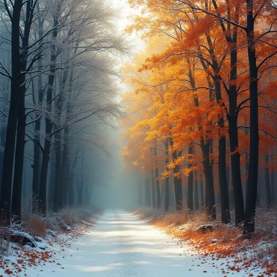 Colorful autumn trees in snowy forest