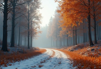 Autumn pathway through misty forest