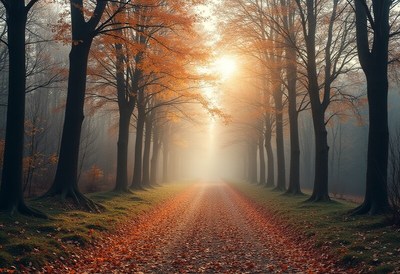 Autumn path through foggy forest