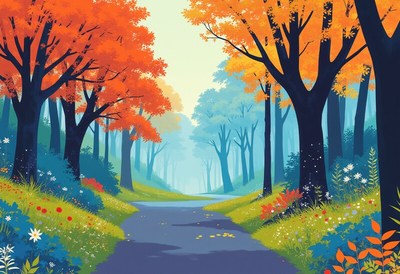 Autumn forest pathway with colorful trees