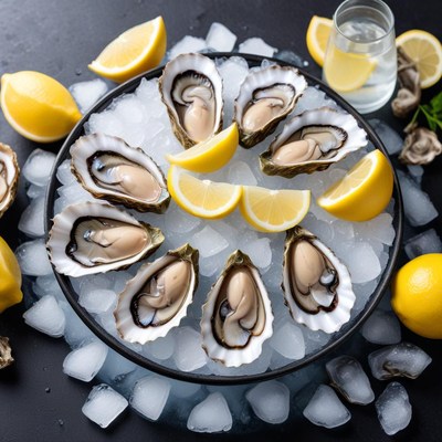 Fresh oysters with lemon on ice