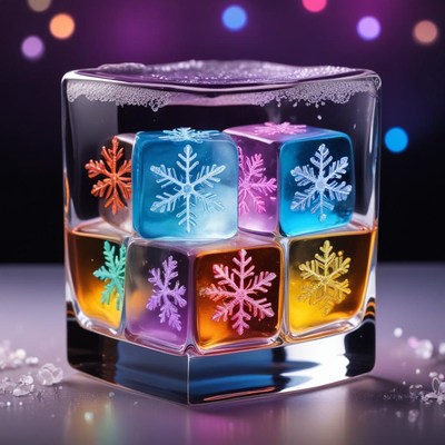 Colorful ice cubes in glass