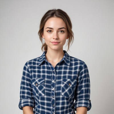 Smiling woman in plaid shirt