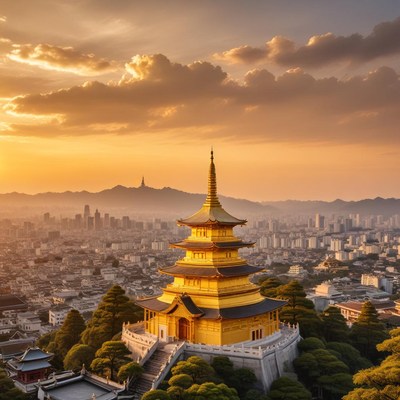 Golden pagoda at sunset over city