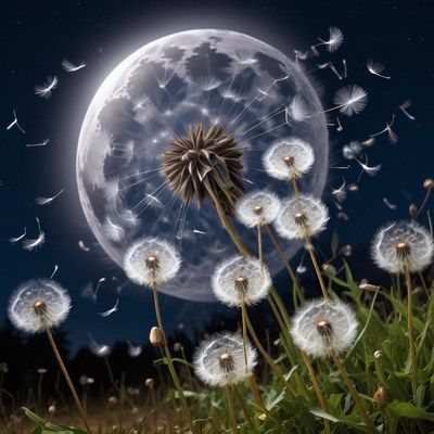 Dandelions dancing under moonlight
