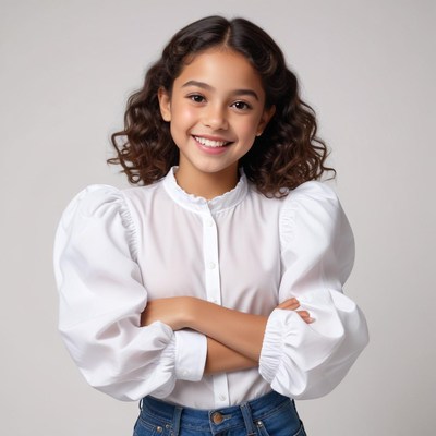 Smiling girl with curly hair in studio