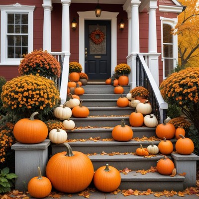 Decorative pumpkins on a porch in autumn