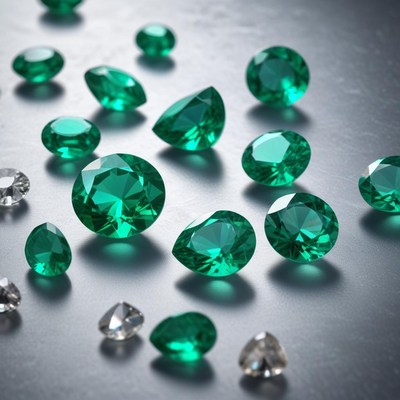 Colorful emerald and diamond jewels scattered