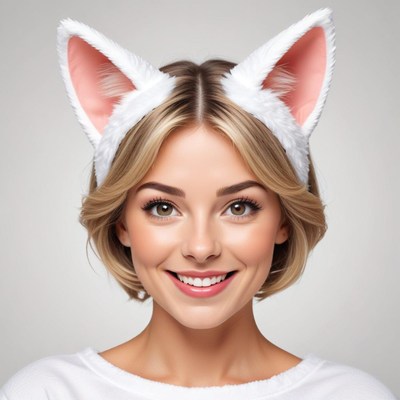Woman with cat ears smiling joyfully