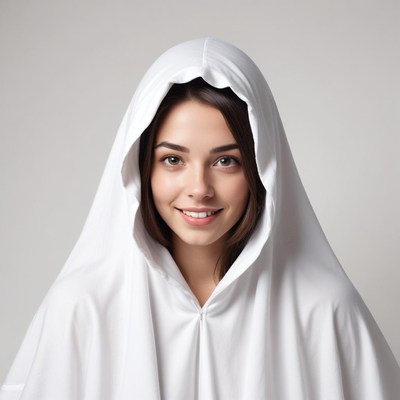 Smiling person in white hood